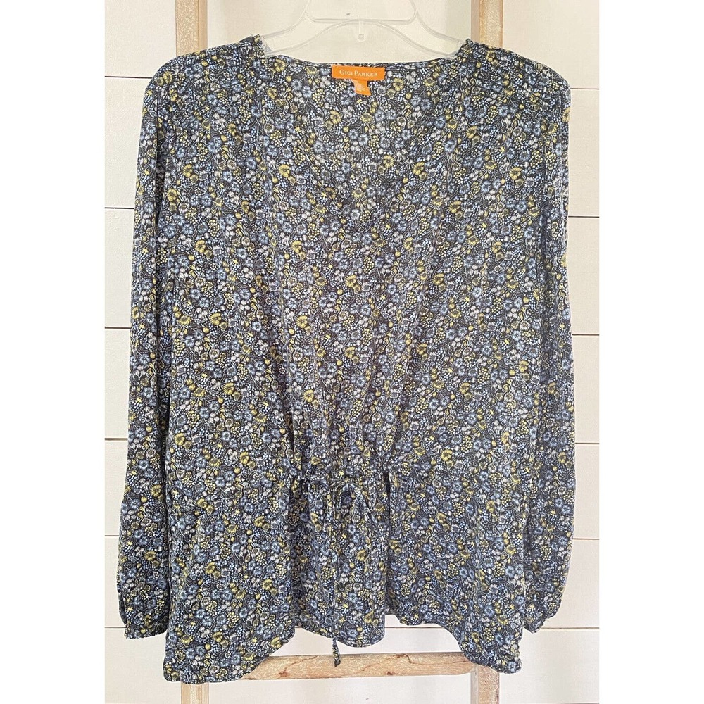 Gigi Parker Women V-Neck Blue Floral Lightweight Drawstring Blouse Size XXL